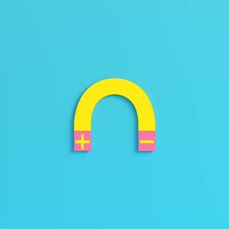 Yellow magnet on bright blue background in pastel colors. Minimalism concept. 3d renderの写真素材