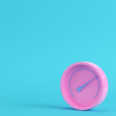 Pink gauge on bright blue background in pastel colors. Minimalism concept. 3d render