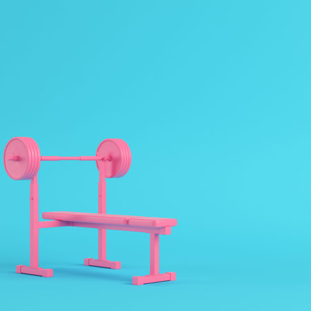 Pink barbell with bench bright blue background in pastel colors. Minimalism concept. 3d render