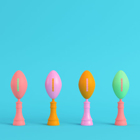 American football ball throphy on bright blue background in pastel colors. Minimalism concept. 3d...