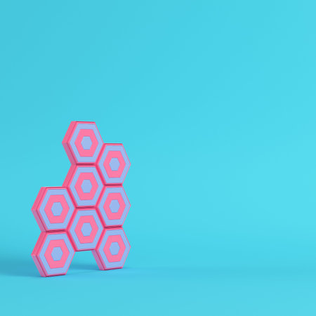 Abstract hexagons on bright blue background in pastel colors. Minimalism concept. 3d render