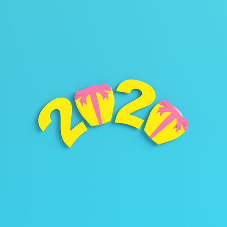 Yellow new year 2020 figures with gift boxes on bright blue background in pastel colors. Minimalism...