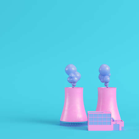 Pink nuclear power plant on bright blue background in pastel colors. Minimalism concept. 3d renderの写真素材