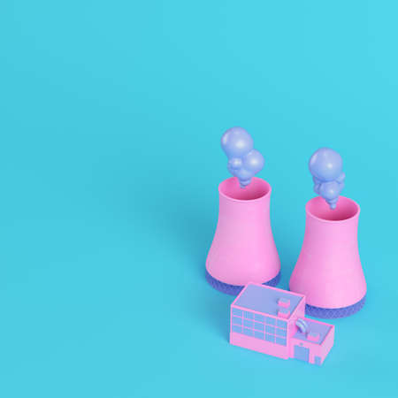 Pink nuclear power plant on bright blue background in pastel colors. Minimalism concept. 3d renderの写真素材