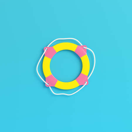 Yellow tlife buoy on bright blue background in pastel colors. Minimalism concept. 3d renderの写真素材