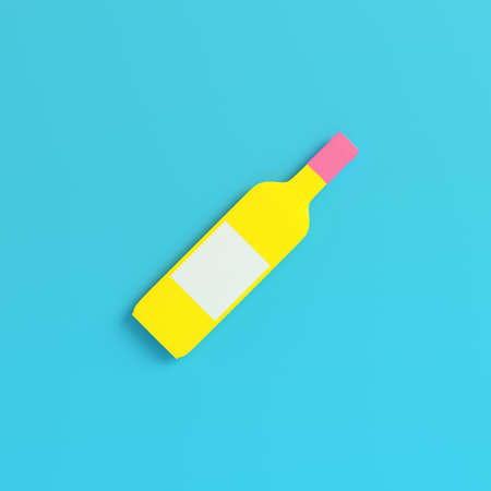 Yellow wine bottle with blank lable on bright blue background in pastel colors. Minimalism concept. 3d renderの写真素材