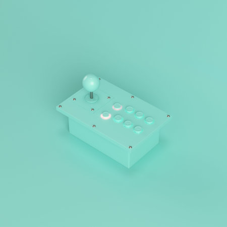 Retro arcade game controller on bright green background in pastel colors. Minimalism concept. 3d...