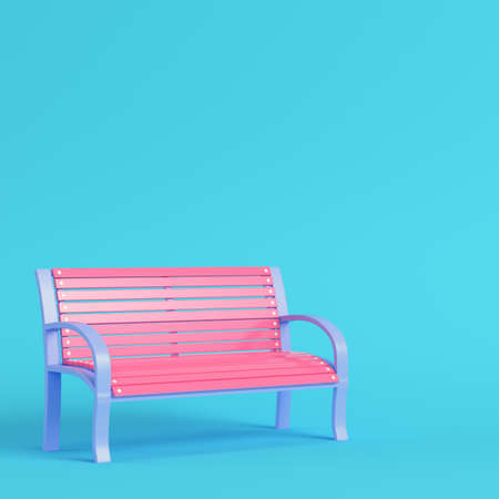 Pink street bench on bright blue background in pastel colors. Minimalism concept. 3d renderの写真素材