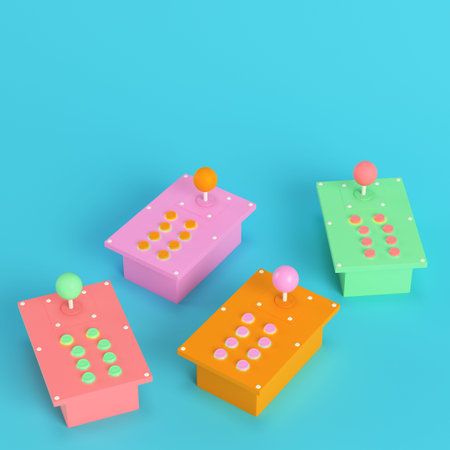 Four colorful retro arcade game controllers on bright blue background in pastel colors. Minimalism...