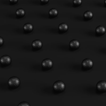 Array of black basketball balls on dark background. Minimalism concept. 3d render