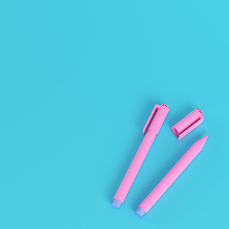 Pink marker pens on bright blue background in pastel colors. Minimalism concept. 3d render