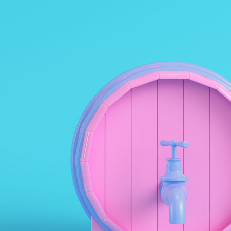 Pink barrel with a tap on bright blue background in pastel colors. Minimalism concept. 3d render