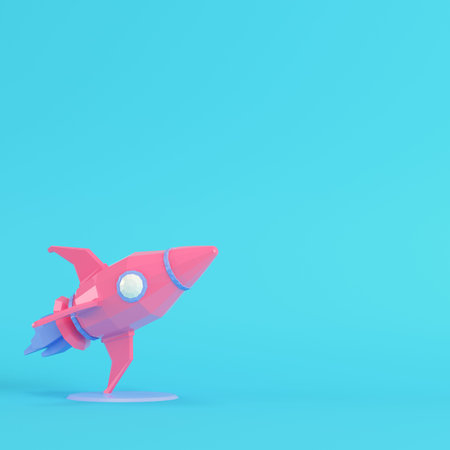 Pink rocket with stand on bright blue background in pastel colors. Minimalism concept. 3d render