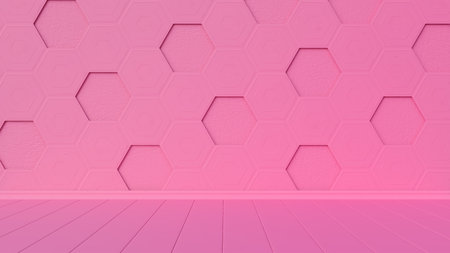 Empty pink room with hexagonal wall. Minimalism. 3d render