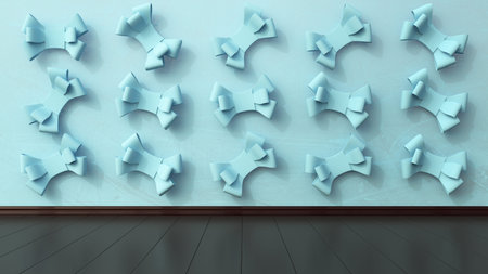 Blue interior with the tie bows on the wall. Minimalism. 3d render