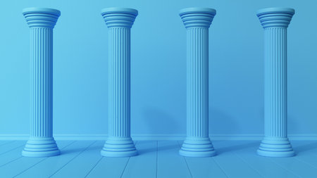 Four columns in the blue interior. Minimalism. 3d renderの写真素材