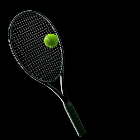 Tennis racket with ball on black background. 3d renderの写真素材
