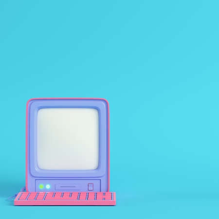 Yellowretro computer on bright blue background in pastel colors. Minimalism concept. 3d renderの写真素材