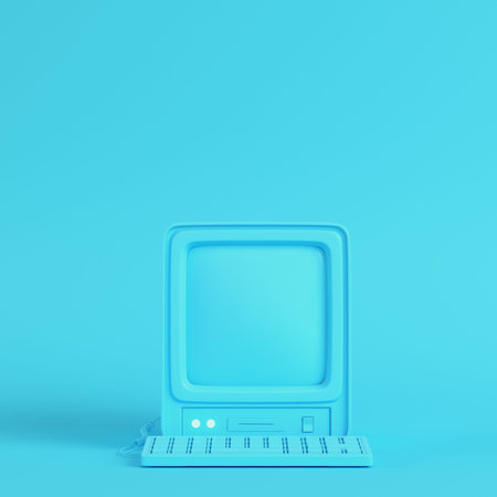 Yellowretro computer on bright blue background in pastel colors. Minimalism concept. 3d render