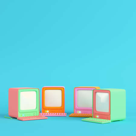 Yellowretro computer on bright blue background in pastel colors. Minimalism concept. 3d renderの写真素材
