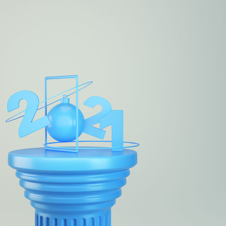 Blue 2021 figures with christmas ball and abstract frame on ancient column on bright blue background...