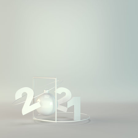 2021 figures with christmas ball and abstract frame on bright blue background in pastel colors....