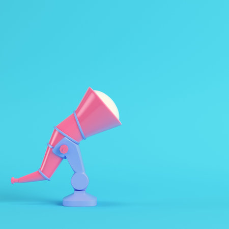 Pink telescope on bright blue background in pastel colors. Minimalism concept. 3d render