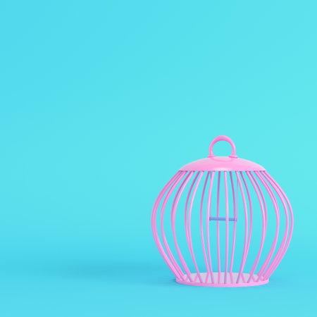 Pink bird cage on bright blue background in pastel colors. Minimalism concept. 3d renderの写真素材