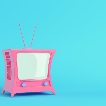 Pink cartoon styled tv on bright blue background in pastel colors. Minimalism concept. 3d renderの写真素材