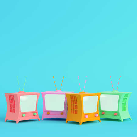 Colorful cartoon styled tv on bright blue background in pastel colors. Minimalism concept. 3d renderの写真素材