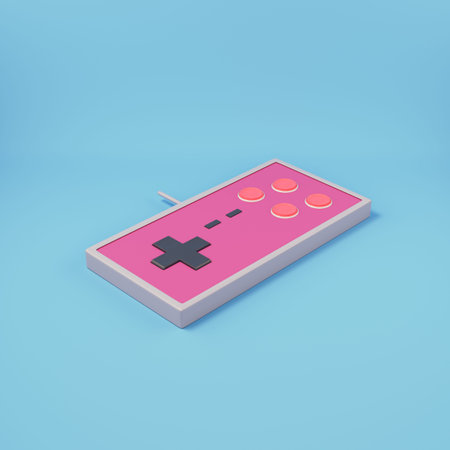 Retro styled gamepad on bright blue background. 3d render