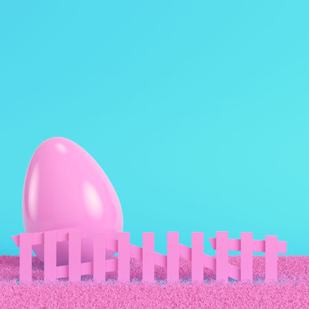 Pink easter eggs behind the fence on bright blue background in pastel colors. Minimalism concept. 3d...