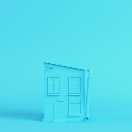 Cartoon styled house on bright blue background in pastel colors. Minimalism concept. 3d render