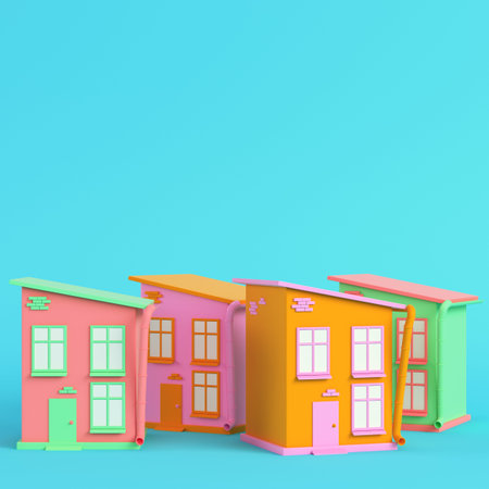 Colorful cartoon styled houses on bright blue background in pastel colors. Minimalism concept. 3d...