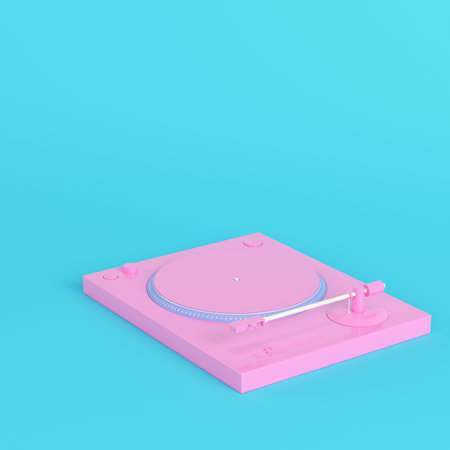 Yellow turntable on bright blue background in pastel colors. Minimalism concept. 3d renderの写真素材