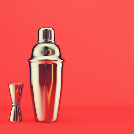 Shaker and jigger on red background. 3d render