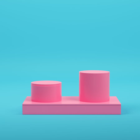Pink three ancient columns on bright blue background in pastel colors. Minimalism concept. 3d renderの写真素材
