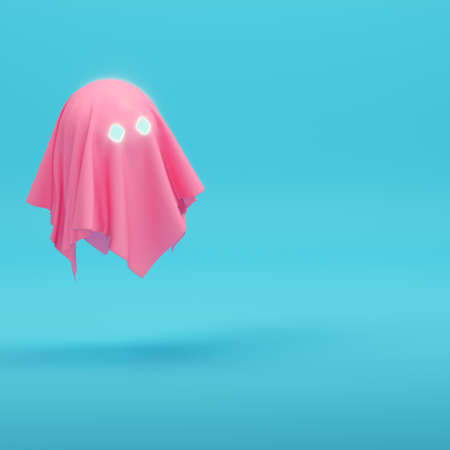 Yellow cute ghost character on bright blue background in pastel colors. Minimalism concept. 3d renderの写真素材