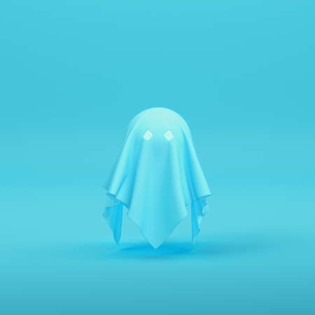 Yellow cute ghost character on bright blue background in pastel colors. Minimalism concept. 3d renderの写真素材