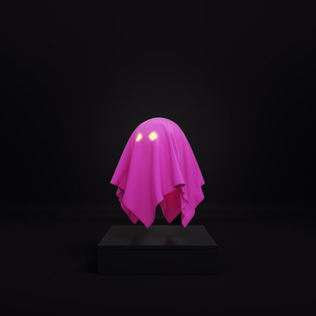 Yellow cute ghost character on bright blue background in pastel colors. Minimalism concept. 3d renderの写真素材