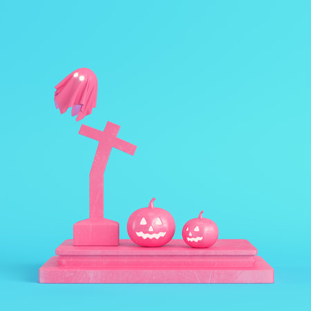 Yellow halloween pumpkin with gravestone on bright blue background in pastel colors. Minimalism concept. 3d renderの写真素材