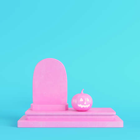 Yellow halloween pumpkin with gravestone on bright blue background in pastel colors. Minimalism concept. 3d renderの写真素材