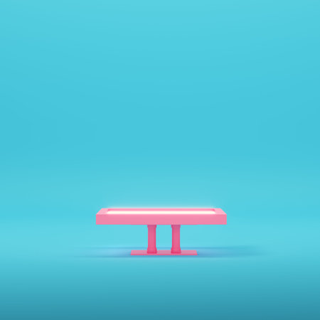 Pink empty product display stand on bright blue background in pastel colors. Minimalism concept. 3d...