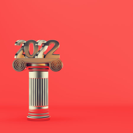 Metal new year 2022 figure on ancient column on red background. Minimalism concept.の写真素材