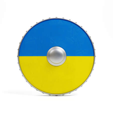 Round shield in Ukrainian flag colors isolated on white background. 3d renderの写真素材