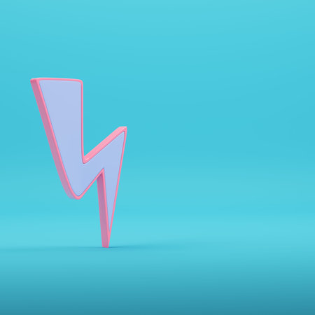 Pink thunder bolt lighting flash on bright blue background in pastel colors. Minimalism concept. 3d renderの写真素材
