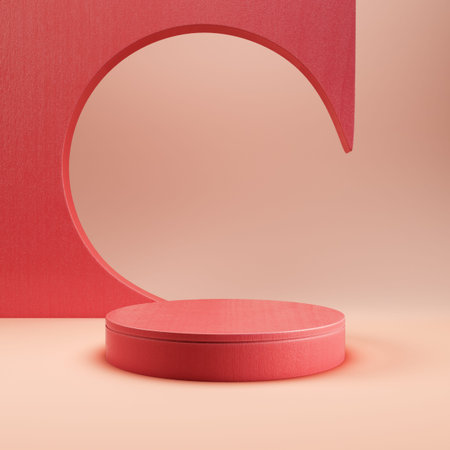 Red cylinder pedestal with abstract shape geometry for product display. 3d illustration