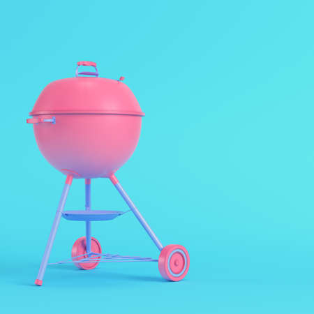 Charcoal kettle barbecue grill on bright blue background in pastel colors. Minimalism concept. 3d renderの写真素材