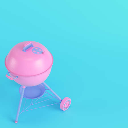 Charcoal kettle barbecue grill on bright blue background in pastel colors. Minimalism concept. 3d renderの写真素材