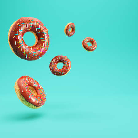 Donuts with glaze and colorful sprinkles on bright background with copy space. 3d illustrationの写真素材